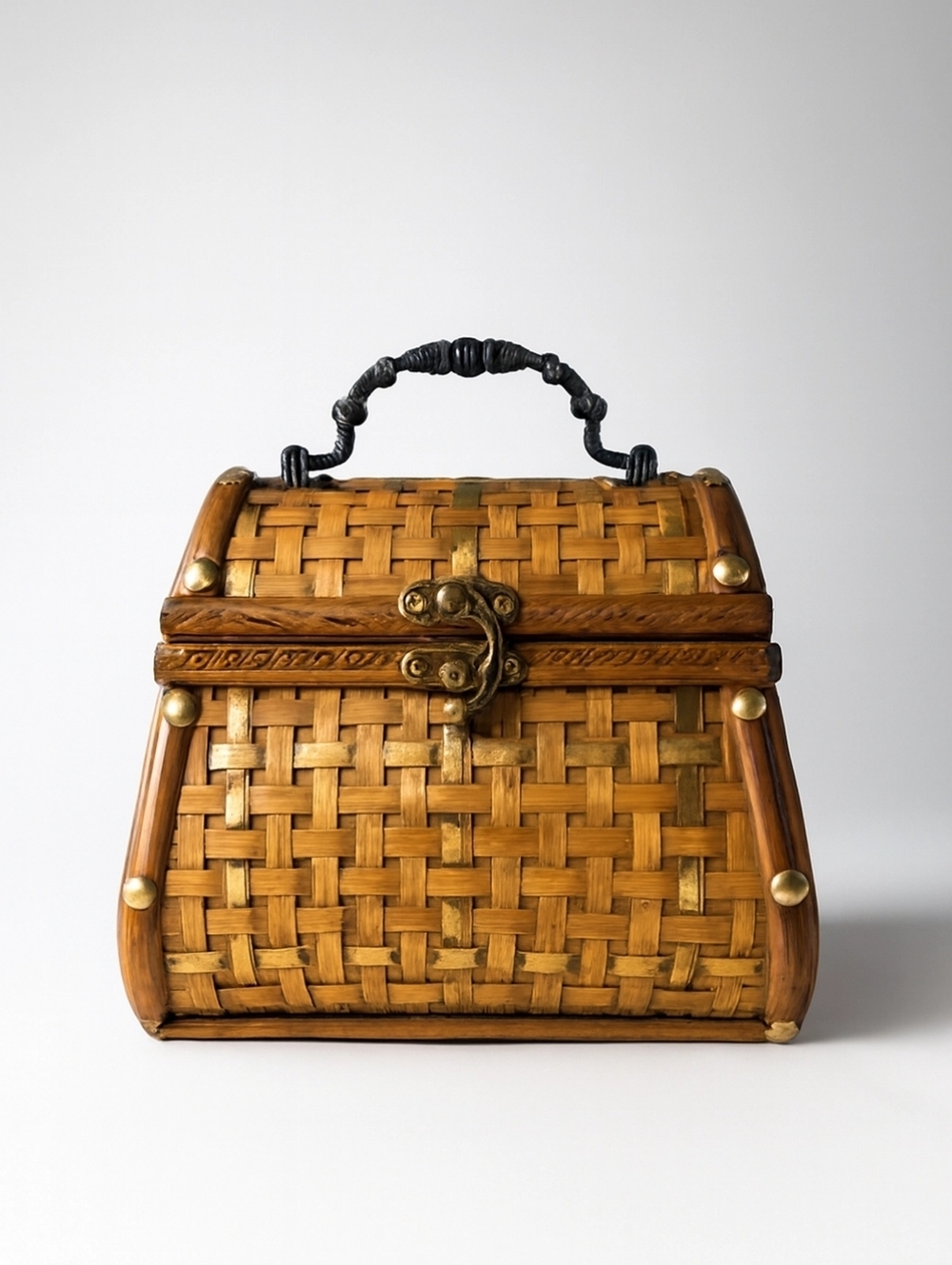 Three Hands Corp Vintage Keepsake Box Wooven Bamboo Brass Accent Latch Front